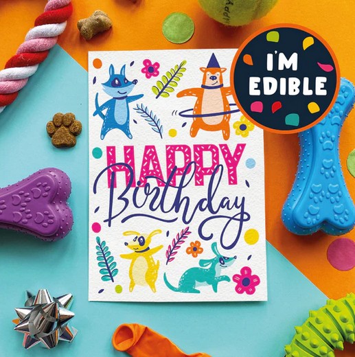 Happy Birthday Flowers - Dog Birthday Treat Card (Bacon)